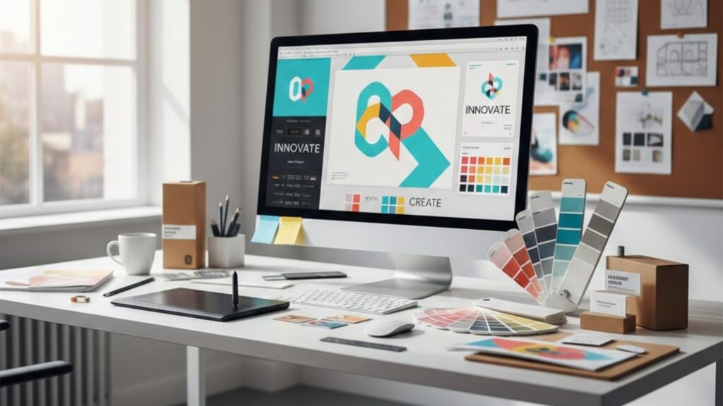 Professional graphic designing workspace with logo designs and brand materials in Delhi